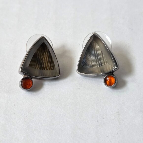 Janice Lee Ripley Earrings Sterling Silver Beveled Triangle Amber Cabochon Boho - Picture 2 of 4